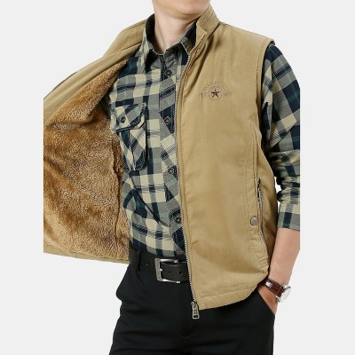 Mens Outdoor Zipper Solid Color Thickened Warm Loose Fishing Casual Vest