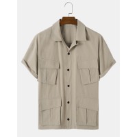Mens Multi Utility Pocket Solid Color Cotton Short Sleeve Shirts
