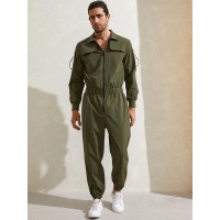 Mens Zipper Up Lapel Collar Leisure Jumpsuit