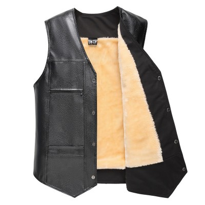 Mens FLeece Liner Winter Warm Black Faux Leather Vest Business Casual Sleeveless Waistcoat