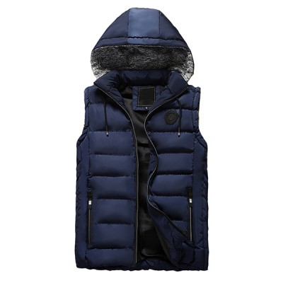 Mens Winter Thick Warm Cotton Padded Stitching Hooded Solid Color Vest