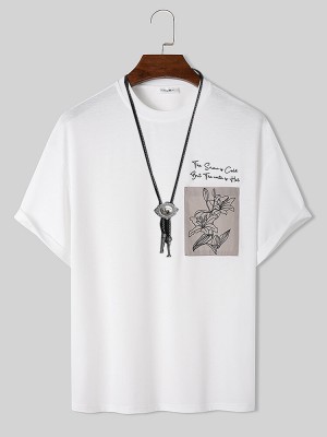 Mens Floral Print Chest Pocket Crew Neck Short Sleeve T  Shirts