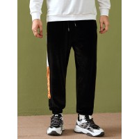 Mens Collegiate Velvet Patchwork Printed Letter Pants