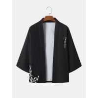 Mens Monochrome Japanese Floral Print 3 4 Sleeve Kimono