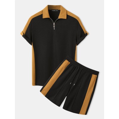 Mens Contrast Patchwork Zip Golf Shirt Knitted Two Pieces Outfits