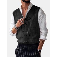 Mens Vintage V Neck Drawstring Solid Color Casual Vest