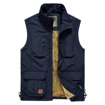 Mens Fleece Lining Thickened Warm Multi Pockets Solid Color Sleeveless Outdoor Vest