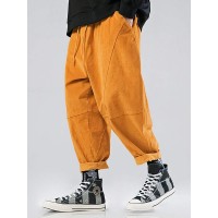 Mens Solid Color Corduroy Multi Pocket Loose Drawstring Pants