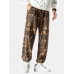 Mens Corduroy Ethnic Style Print Drawstring Casual Pants