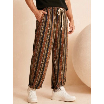 Men Ethnic Style Striped Loose Drawstring Waist Casual Pants