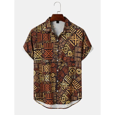 Mens Retro Tribal Print Short Sleeve Front Buttons Shirts