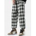 Men Plaid Drawstring Side Ribbon Preppy Pockets Pants