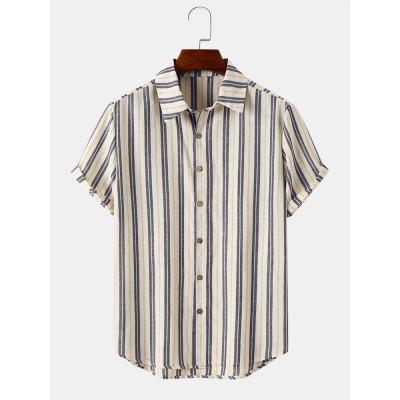 Mens Striped Button Up Lapel Daily Short Sleeve Shirts