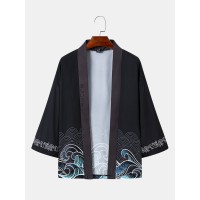 Mens Japanese Wave Print Open Front Loose 3 4 Sleeve Kimono