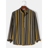 Mens Vertical Striped Half Button Cotton Long Sleeve Henley Shirts