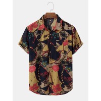 Mens Plants Patched Overlay Print Hem Cuff Short Sleeve Shirts