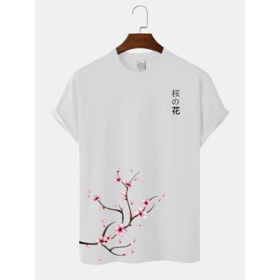 Mens Cherry Blossoms Print Japanese Style Cotton Short Sleeve T  Shirts