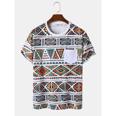 Mens Colorful Geometric Print Chest Pocket Ethnic Short Sleeve T  Shirts