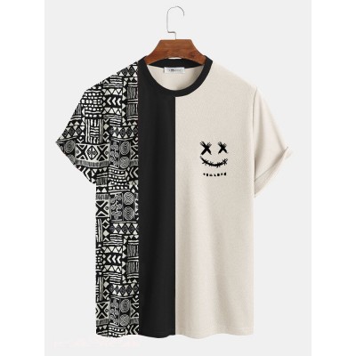 Mens Geometric Funny Face Print Patchwork Knit Short Sleeve T  Shirts