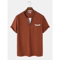 Mens Button Ribbon Design Pocket Casual Short Sleeve T  Shirts