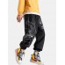 Mens Spider Web Letter Print Cotton Drawstring Cuff Pants