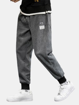 Mens Corduroy Applique Drawstring Cuffed Pants With Pocket