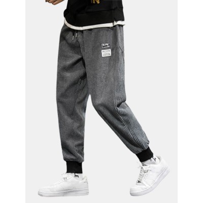 Mens Corduroy Applique Drawstring Cuffed Pants With Pocket