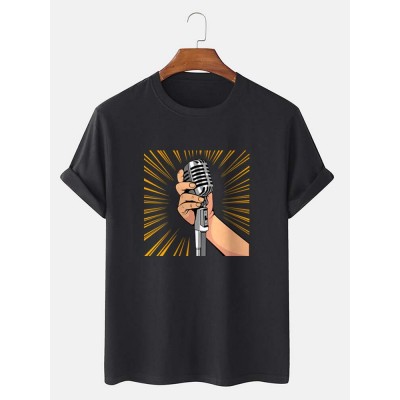 Mens Microphone Hand Graphic Short Sleeve Cotton T  Shirts