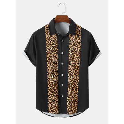 Mens Leopard Print Button Up Lapel Short Sleeve Shirts