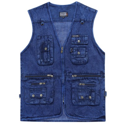 Mens Denim Photography Blue Zipper Multi Pockets Fishing Outdoor Casual Vest