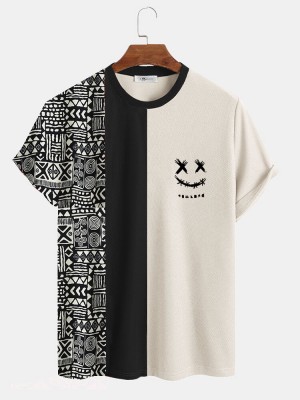 Mens Geometric Funny Face Print Patchwork Knit Short Sleeve T  Shirts